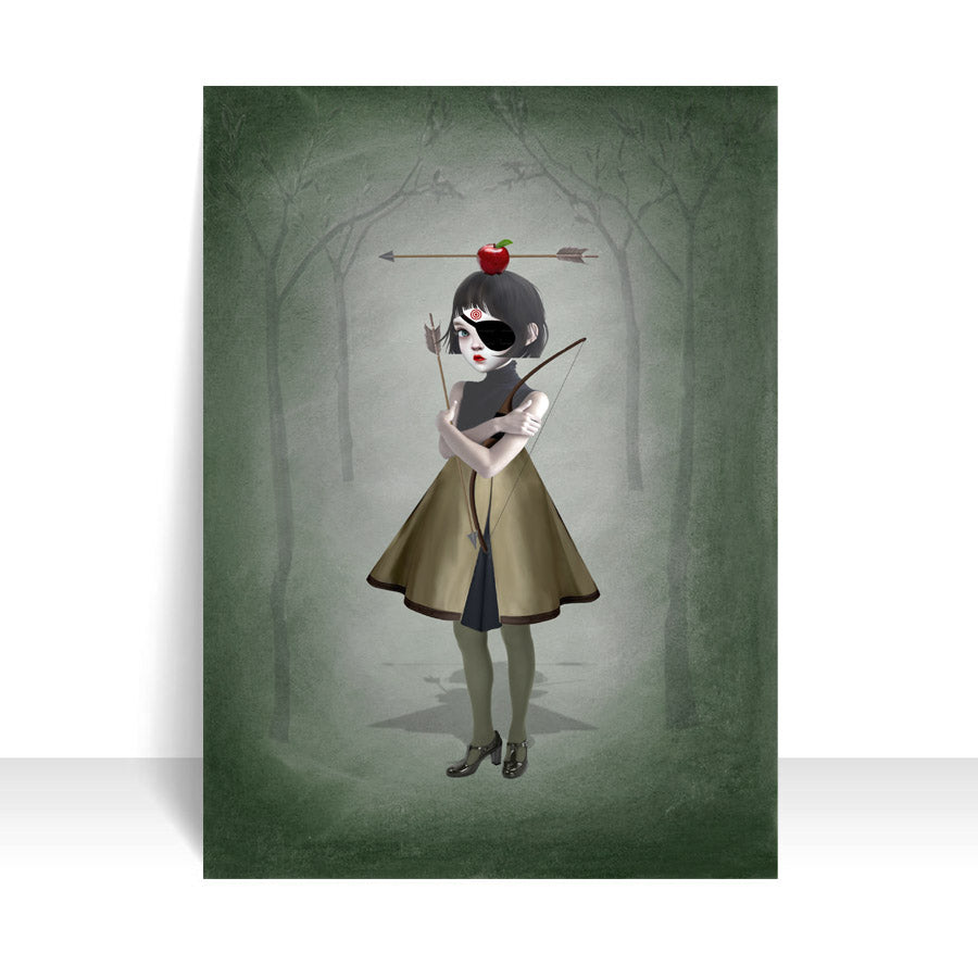 Close-up of Archer girl and apple ACEO art card against a white background, highlighting its intricate quirky details.