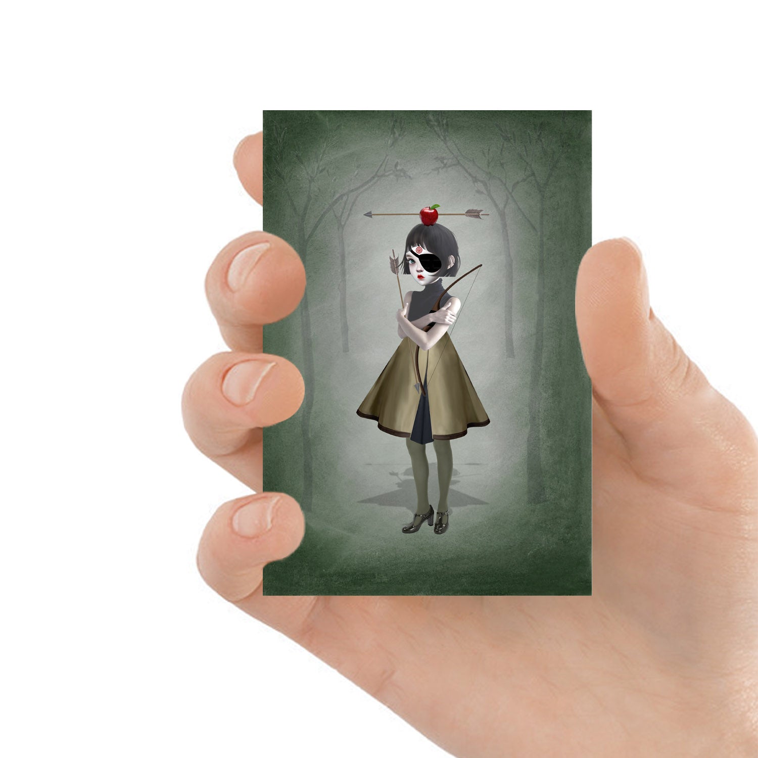 ACEO art card featuring a archer girl and apple, held in hand—quirky art style with eclectic, whimsical elements.