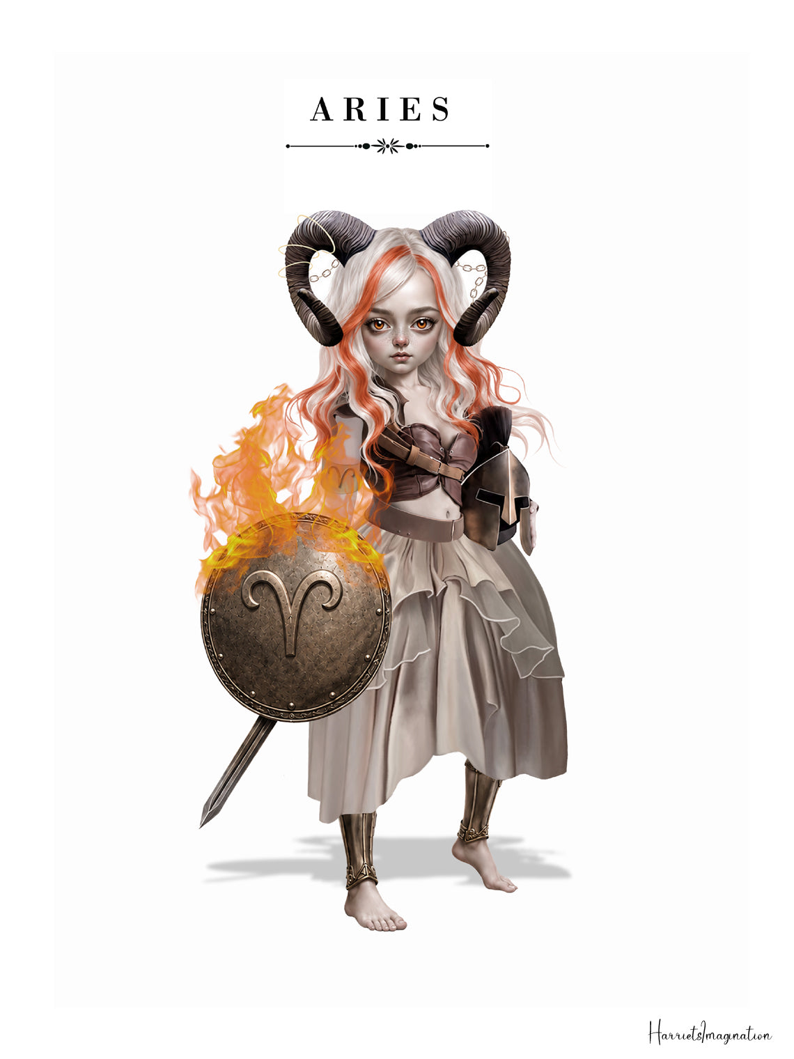 illustration of a white and orange -haired warrior maiden with ram horns holding a flaming bronze shield.