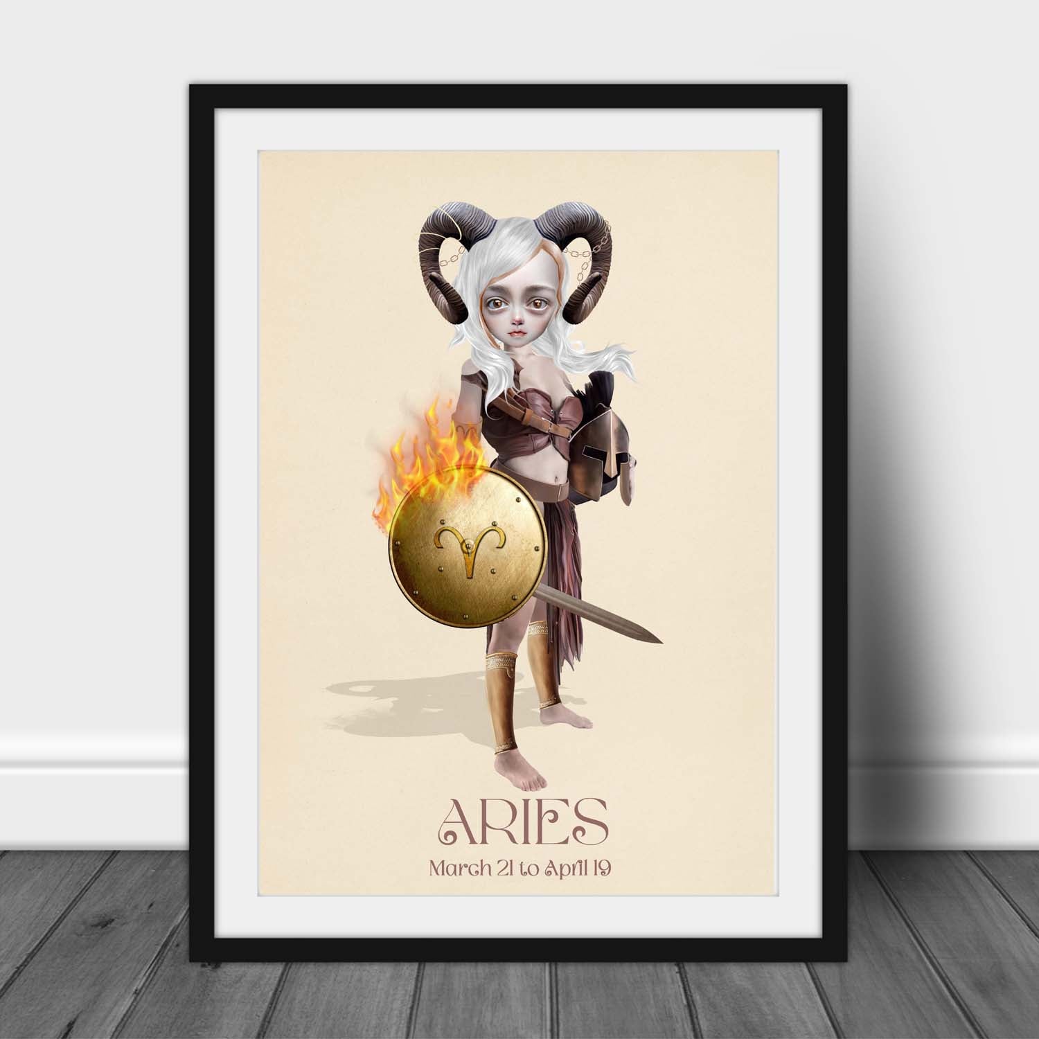 Star sign art print of a girl representing Aries, leaning against a wall, creating whimsical and surreal elements