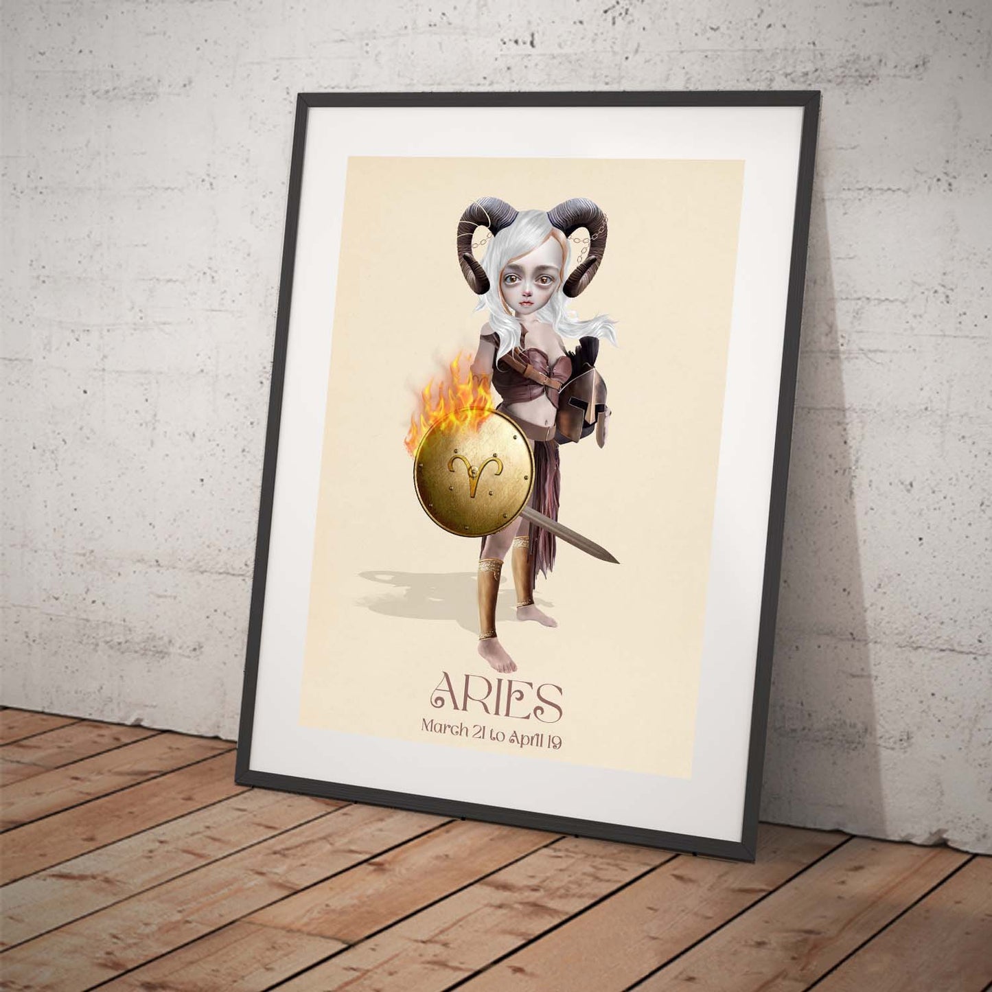 Star sign art print featuring a girl representing Aries. Displayed in a tilted frame for a stylish presentation. Perfect Astrology-themed decor.