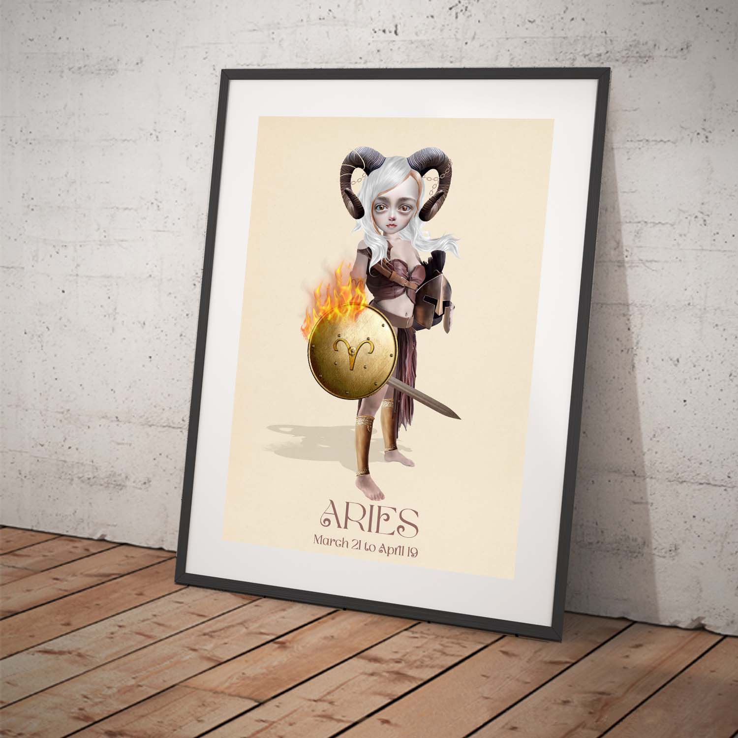 Star sign art print featuring a girl representing Aries. Displayed in a tilted frame for a stylish presentation. Perfect Astrology-themed decor.