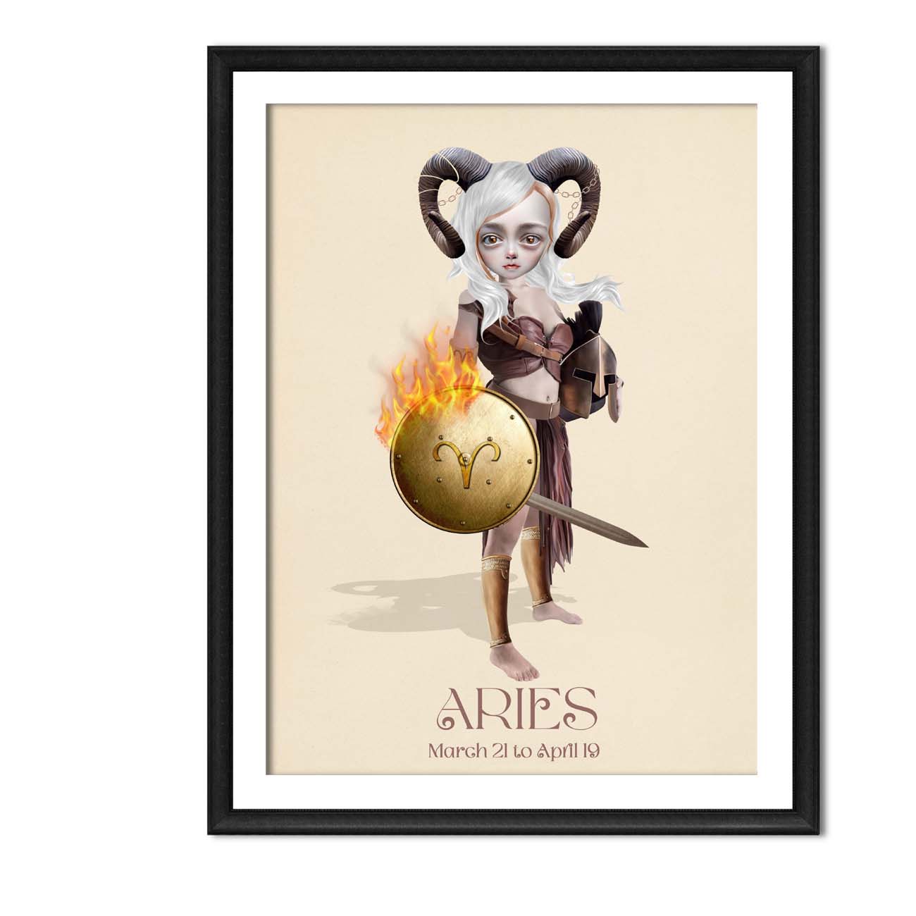 Aries Girl art print in a sleek frame, set against a white background.