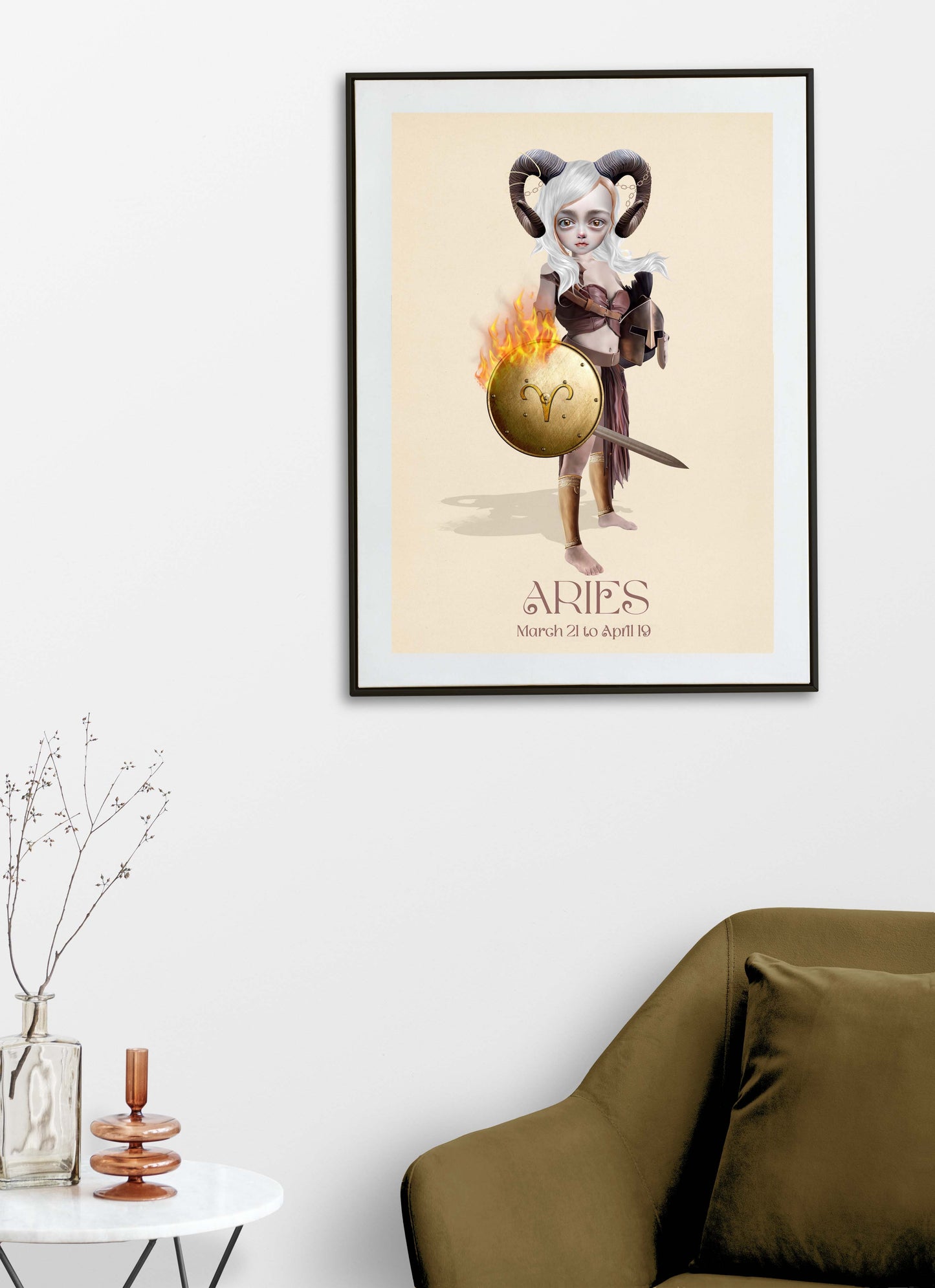 Star sign Aries art print hanging on the wall of a modern living room. Perfect for adding a  touch to your home decor.