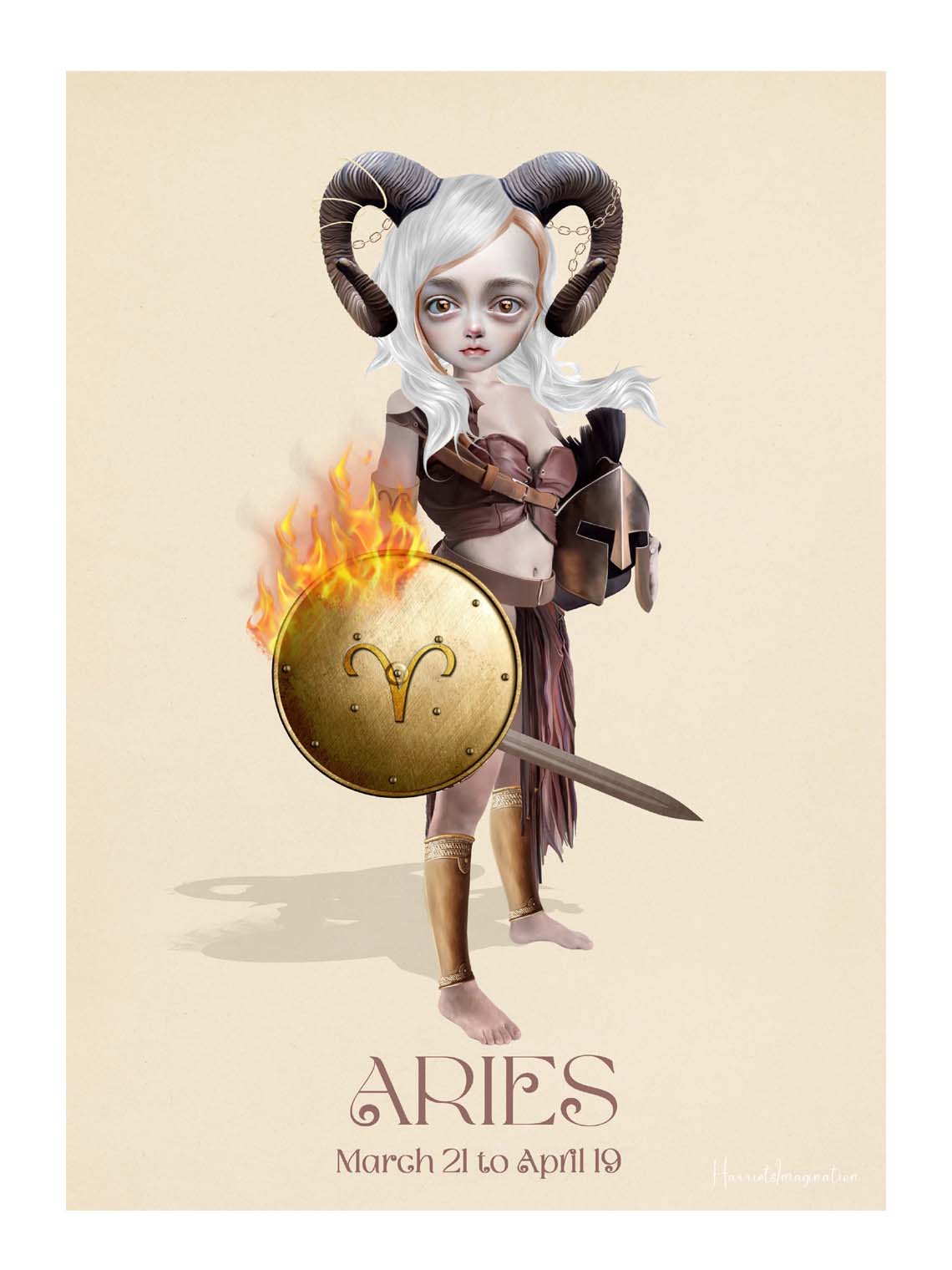 Star sign art print featuring a girl representing Aries, displayed without a frame.