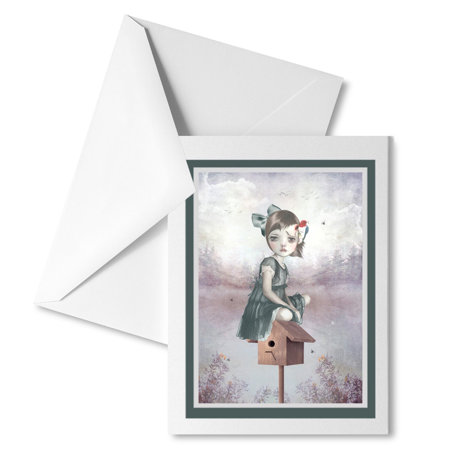 Art greeting card featuring a girl and woodpecker, accompanied by a white envelope .
