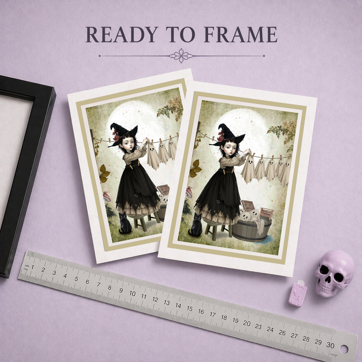 Ready to frame art greeting card featuring a gothic witch girl hanging sheet ghosts on a clothesline next to a white envelope