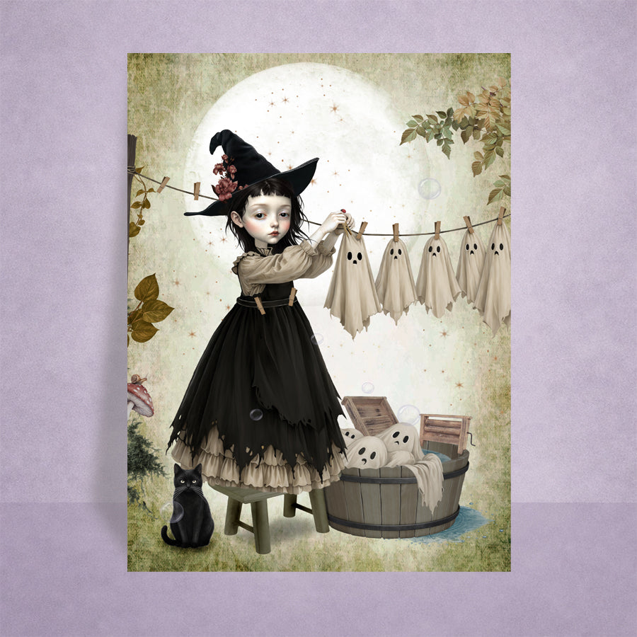 Miniature 2.5x3.5 ACEO art trading card displayed on a lilac background of a gothic witch girl hanging sheet ghosts on a clothesline