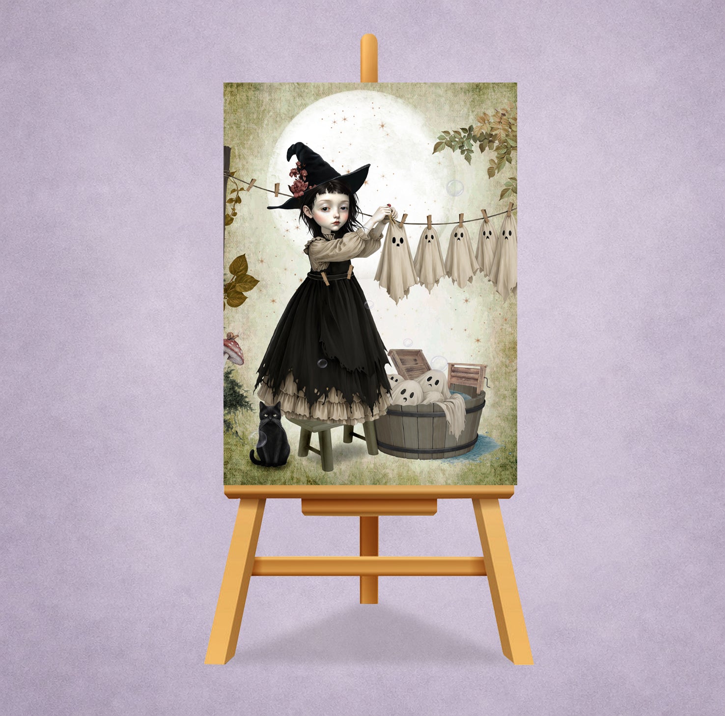 Miniature 2.5x3.5 ACEO art trading card displayed on a miniature display stand of a gothic witch girl hanging sheet ghosts on a clothesline.
