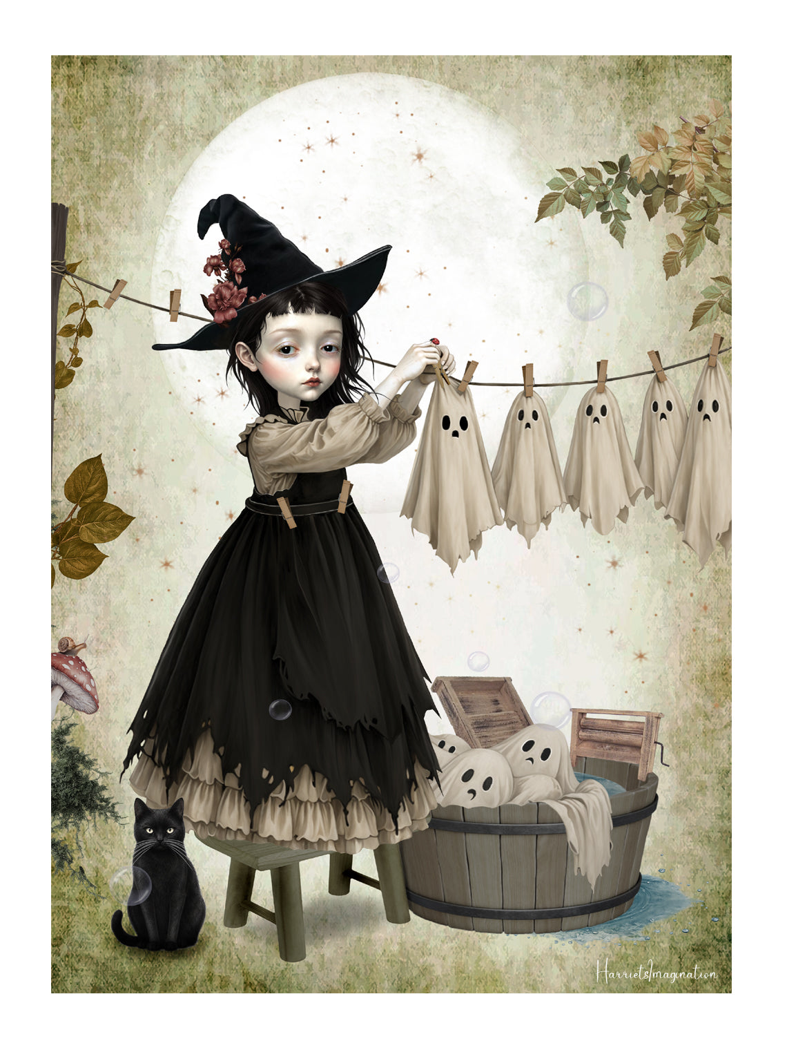 Dark cottagecore autumn art print a gothic witch girl in a black hat hanging sheet ghosts on a clothesline with a black cat nearby, 