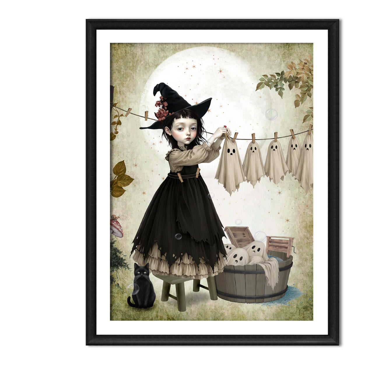 Dark cottagecore autumn art print in A4 Frame. A gothic witch girl in a black hat hanging sheet ghosts on a clothesline with a black cat nearby.