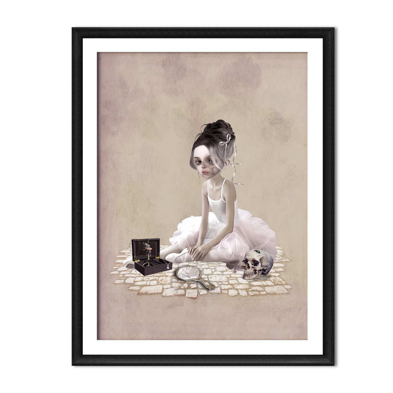 Framed artwork of a ballerina in a white dress sitting on a stone path with a skull and jewelry box.
