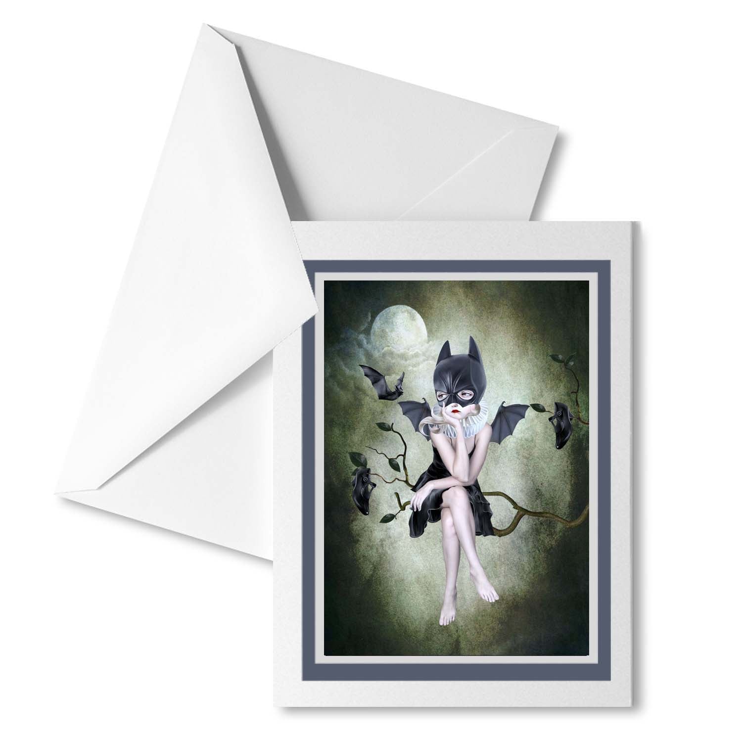 Bat Girl with Bats greeting card. This unique piece features a mesmerizing bat girl perched beneath the moon, surrounded by a flurry of bats in flight. 