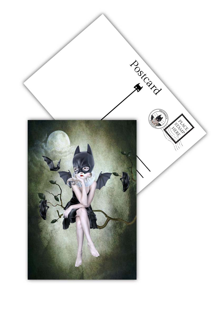 Bat Girl postcard showing front whimsical gothic design and matte back for writing messages