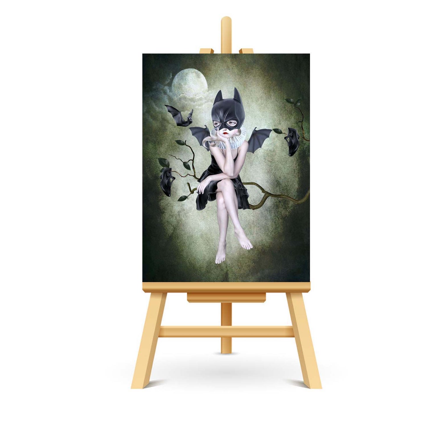 Whimsigoth ACEO captures the mysterious allure of a girl wearing a bat mask, sitting beneath the moonlight on a branch, watching the bats fly by.