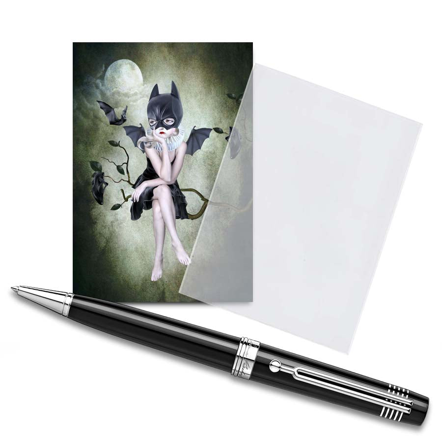 Bat ACEO captures the mysterious allure of a girl wearing a bat mask, sitting beneath the moonlight on a branch, watching the bats fly by.
