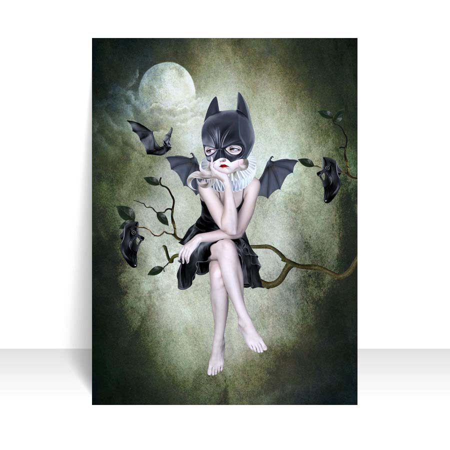 Artist trading card captures the mysterious allure of a girl wearing a bat mask, sitting beneath the moonlight on a branch, watching the bats fly by.