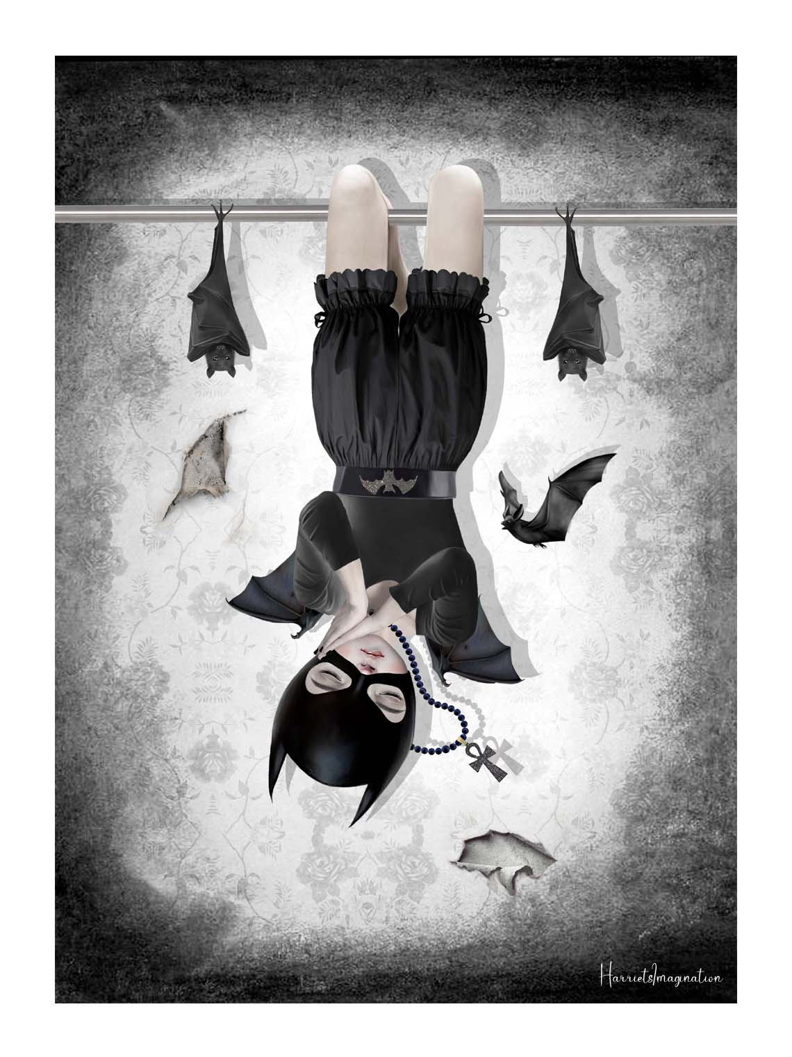Bat Girl and Bats Art Print features a masked girl asleep on a belfry, surrounded by her loyal bats.