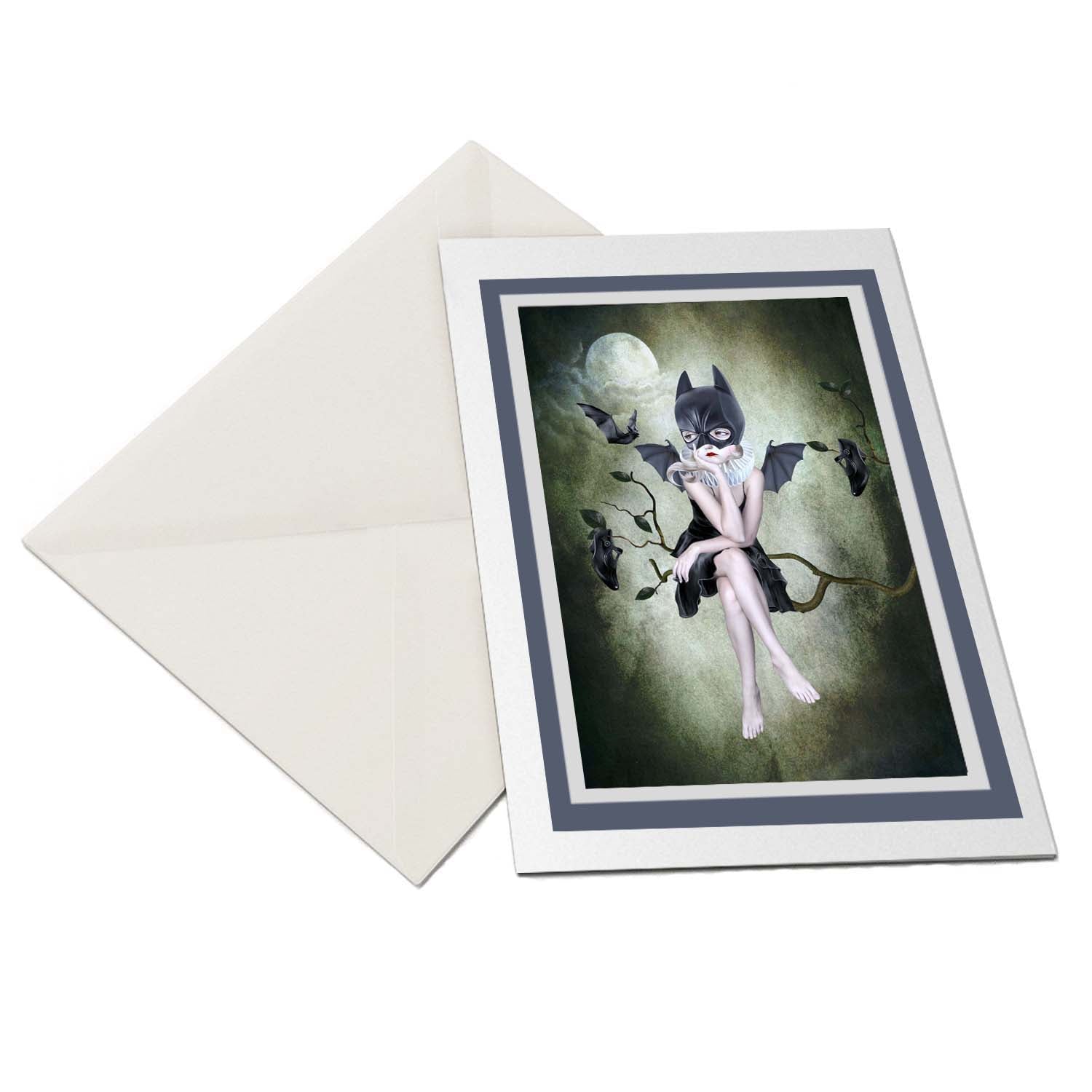 Dark whimsical greeting card. This unique piece features a mesmerizing bat girl perched beneath the moon, surrounded by a flurry of bats in flight. 