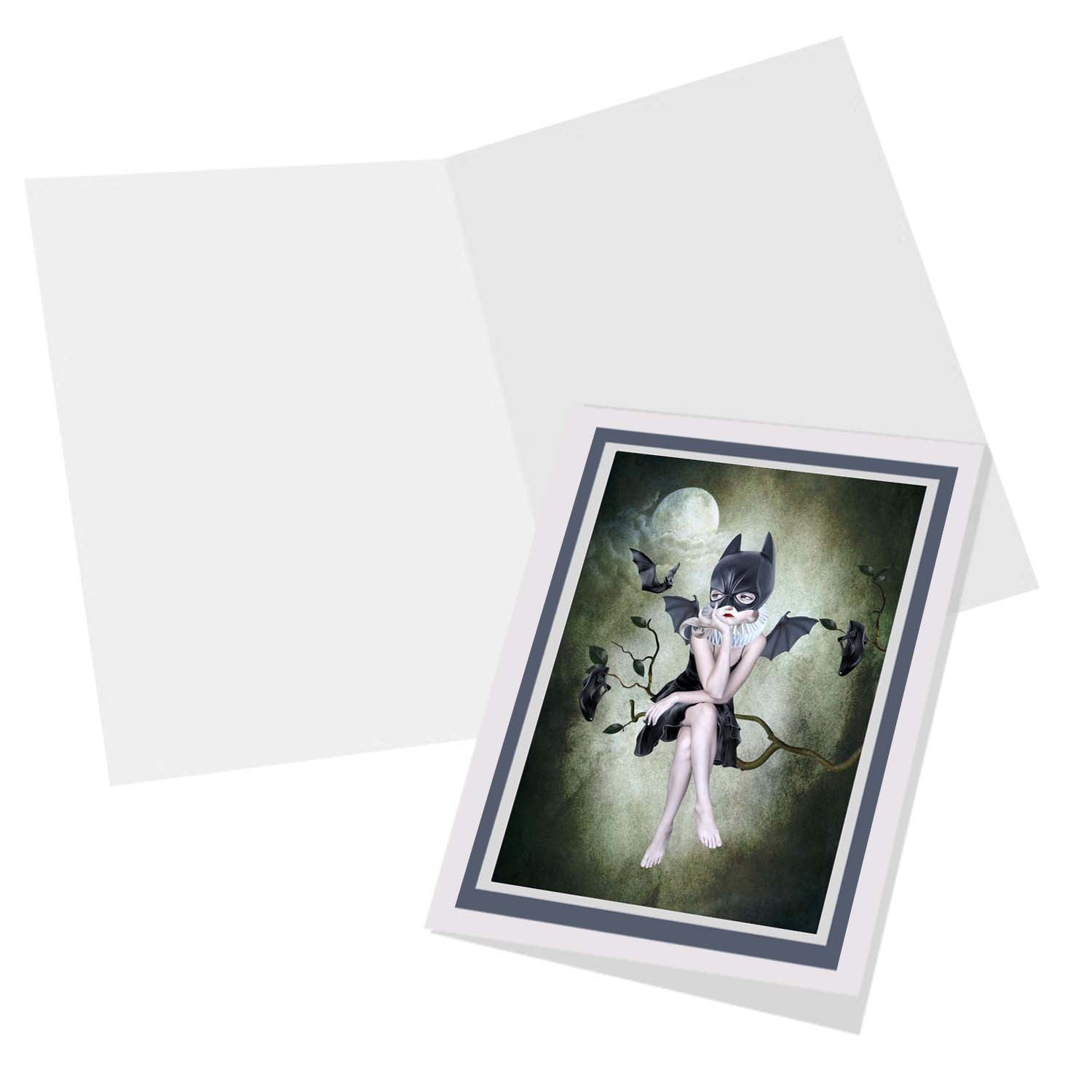 Bat girl and bats moonlighting art greeting card, inside blank for your own personal message.