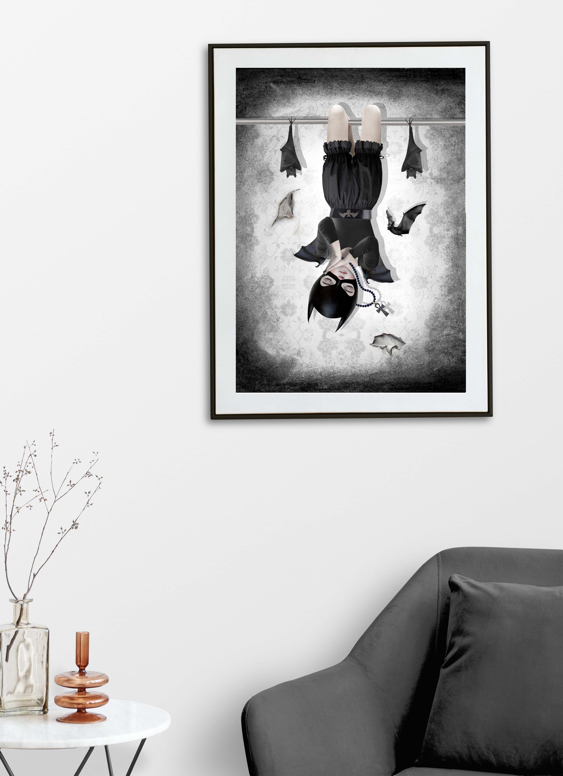 Bat Girl and Bats Art Print on living room wall features a masked girl asleep on a belfry, surrounded by her loyal bats.