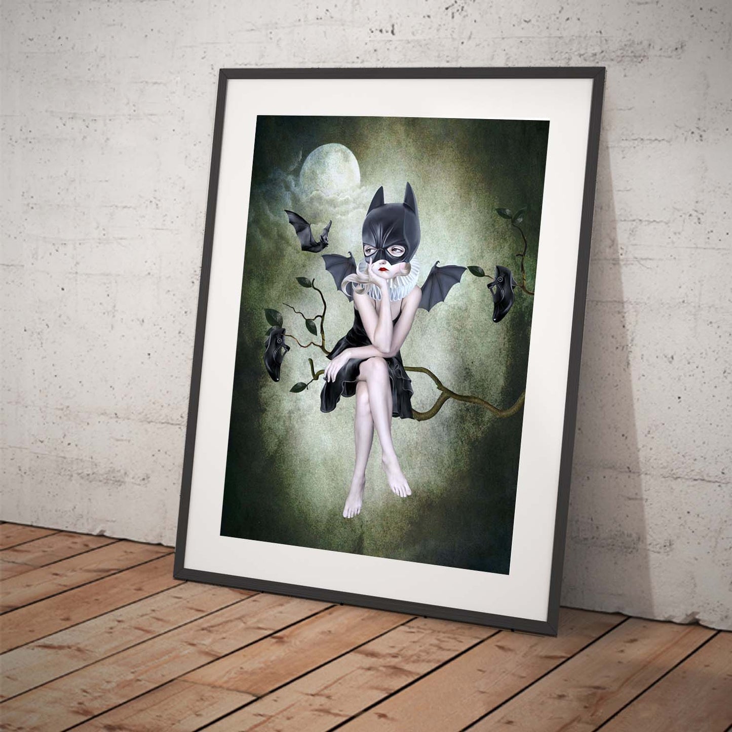 This bat print features a girl in a bat mask, perched on a branch under the moonlight, surrounded by flying bats.