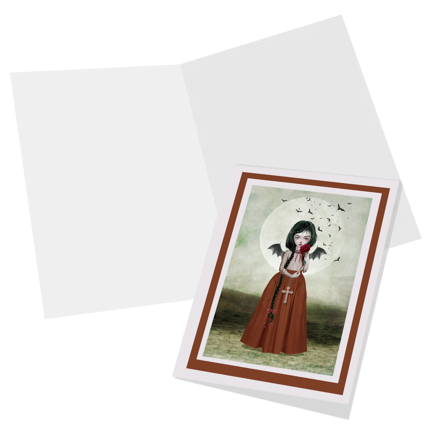 Batgirl with Crucifix - Blank Inside Gothic Fantasy Greeting Card.