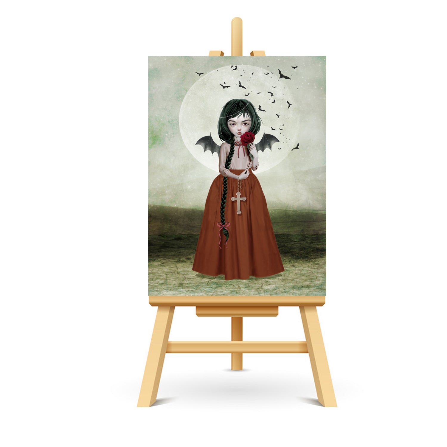 ACEO-sized Batgirl artwork featuring a crucifix under the moonlight, displayed on a stand. Dark gothic fantasy art with a unique, collectible touch.