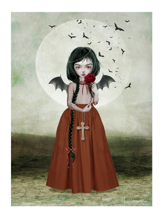 Unframed artwork of Batgirl holding a crucifix under the moonlight, surrounded by bats. Dark and mystical gothic fantasy art perfect for any home decor.