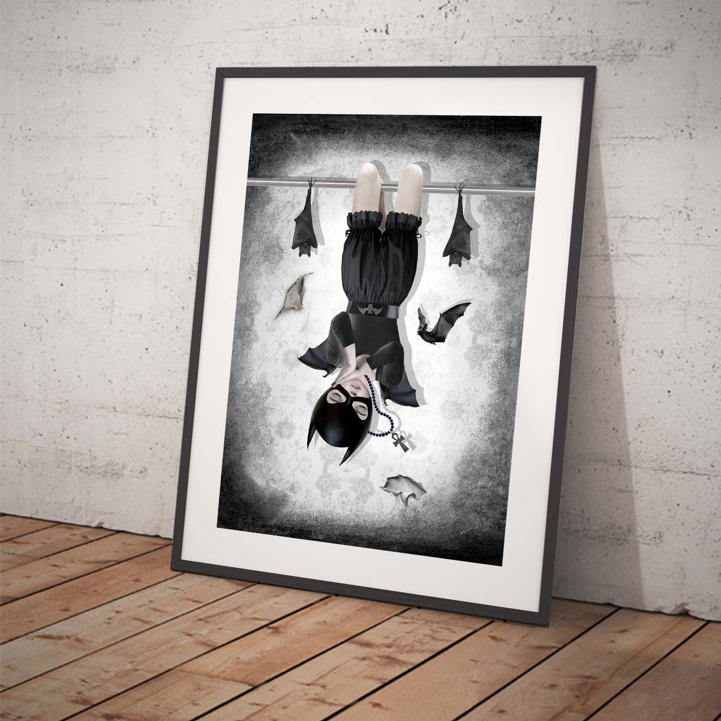 Framed bat girl and bats art print features a masked girl asleep on a belfry, surrounded by her loyal bats.