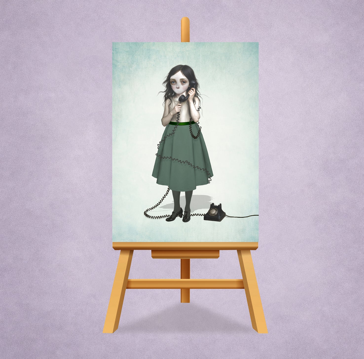 Big Eye Girl And Rotary Phone ACEO Card being displayed on a miniature easel.