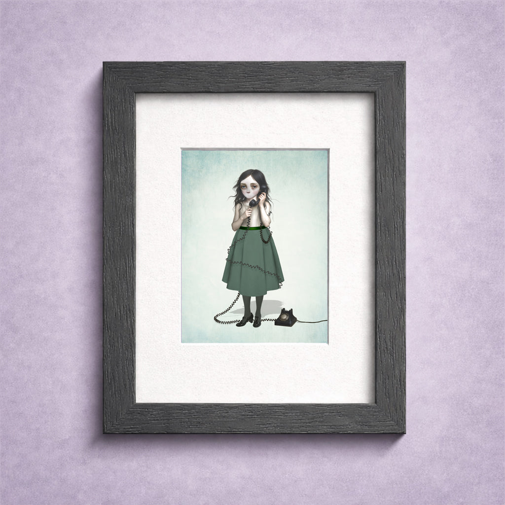 Big Eye Girl And Rotary Phone ACEO Card displayed in a miniature frame.
