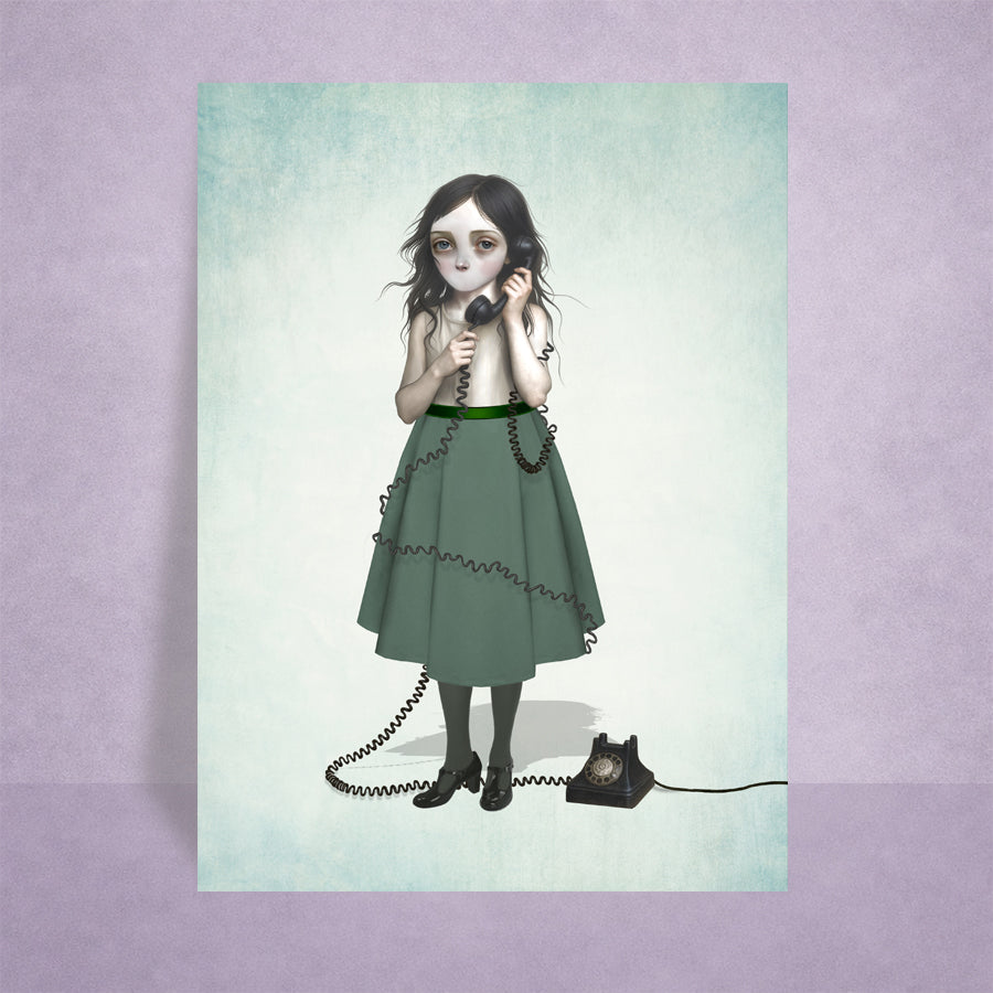 Illustration of Big Eye Girl And Rotary Phone ACEO Card  on a lilac background