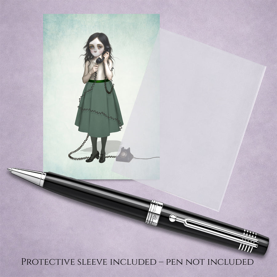 Big Eye Girl And Rotary Phone ACEO Card with cello sleeve and pen for display.