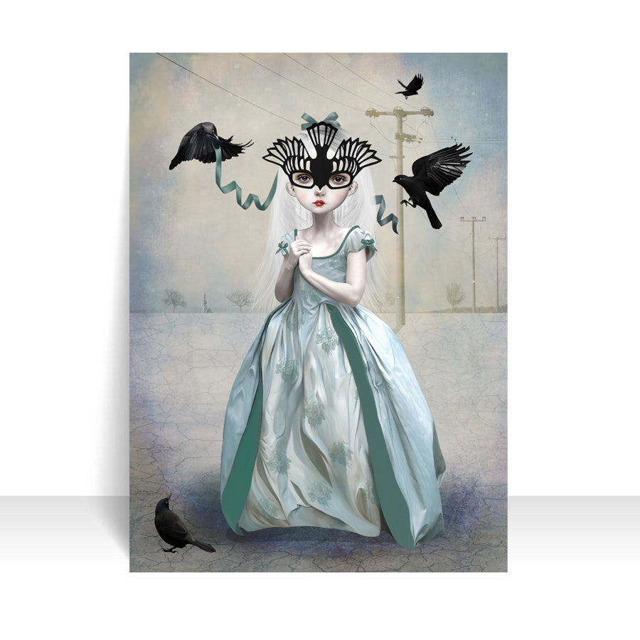 This quirky miniature artist trading card features a girl in a blackbird mask, searching for a place to belong.