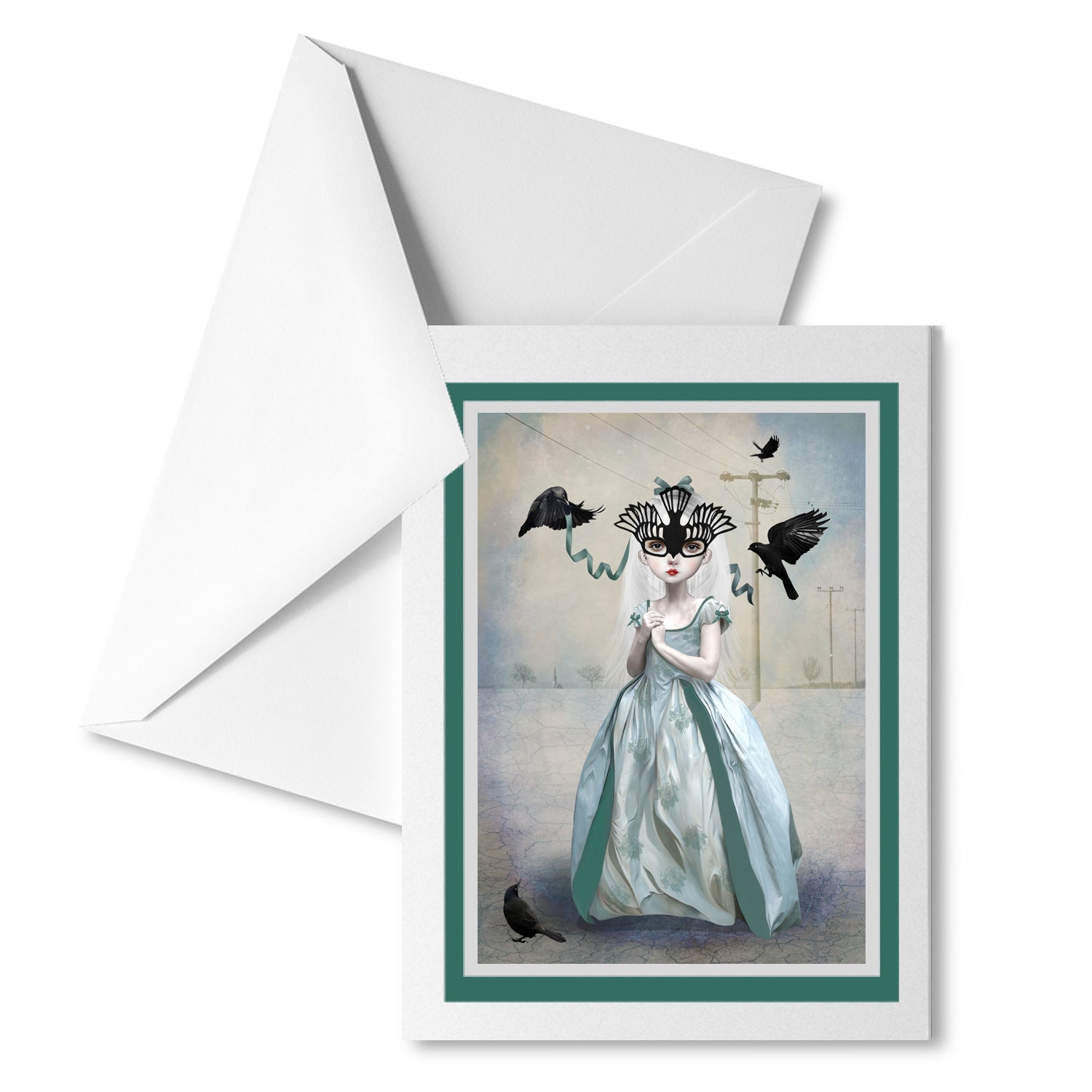 Whimsical art greeting card features a girl in a beautiful blue gown adorned with a blackbird mask. Surrounded by a flock of blackbirds, she represents the search for a sense of belonging.