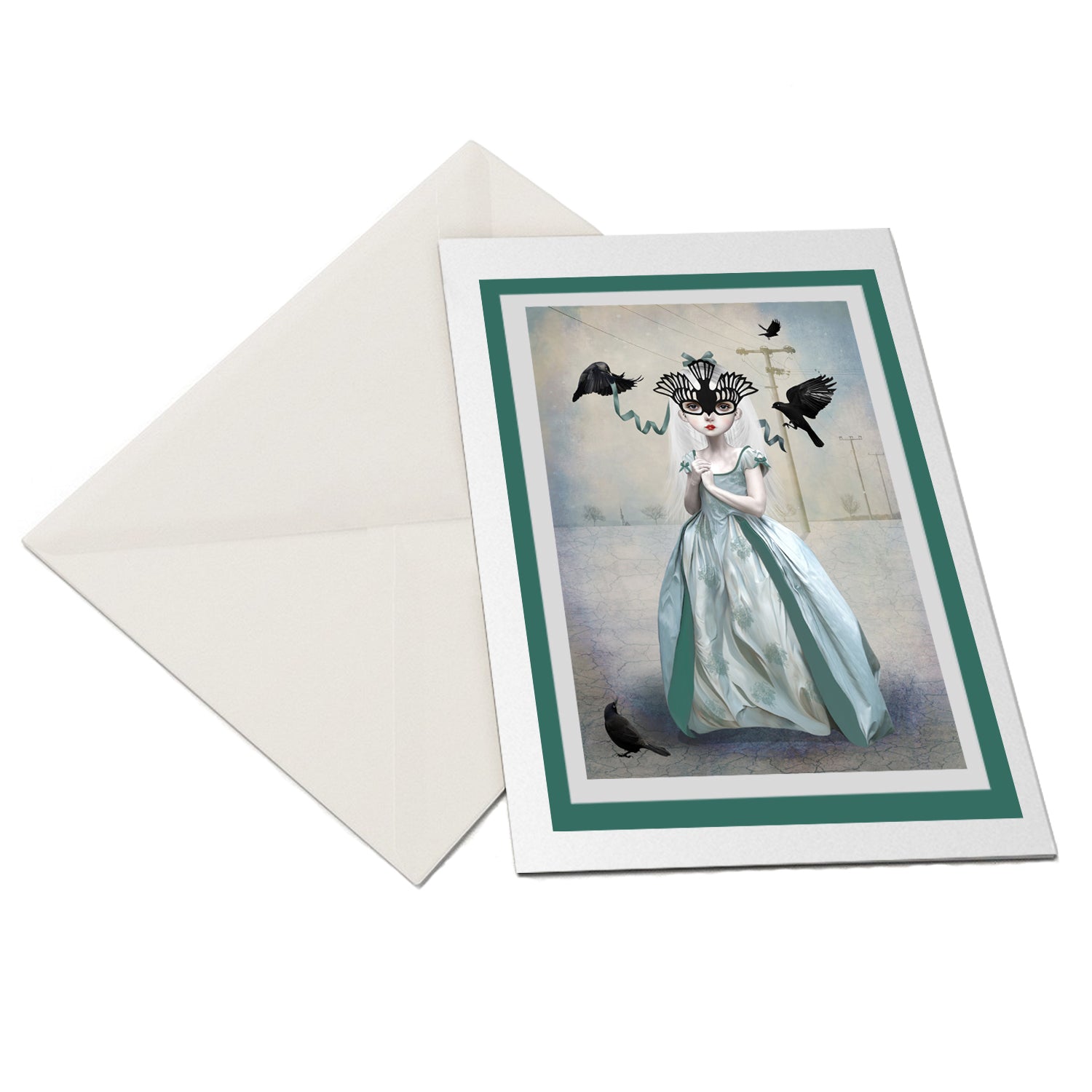 Surreal art greeting card features a girl in a beautiful blue gown adorned with a blackbird mask. Surrounded by a flock of blackbirds, she represents the search for a sense of belonging.