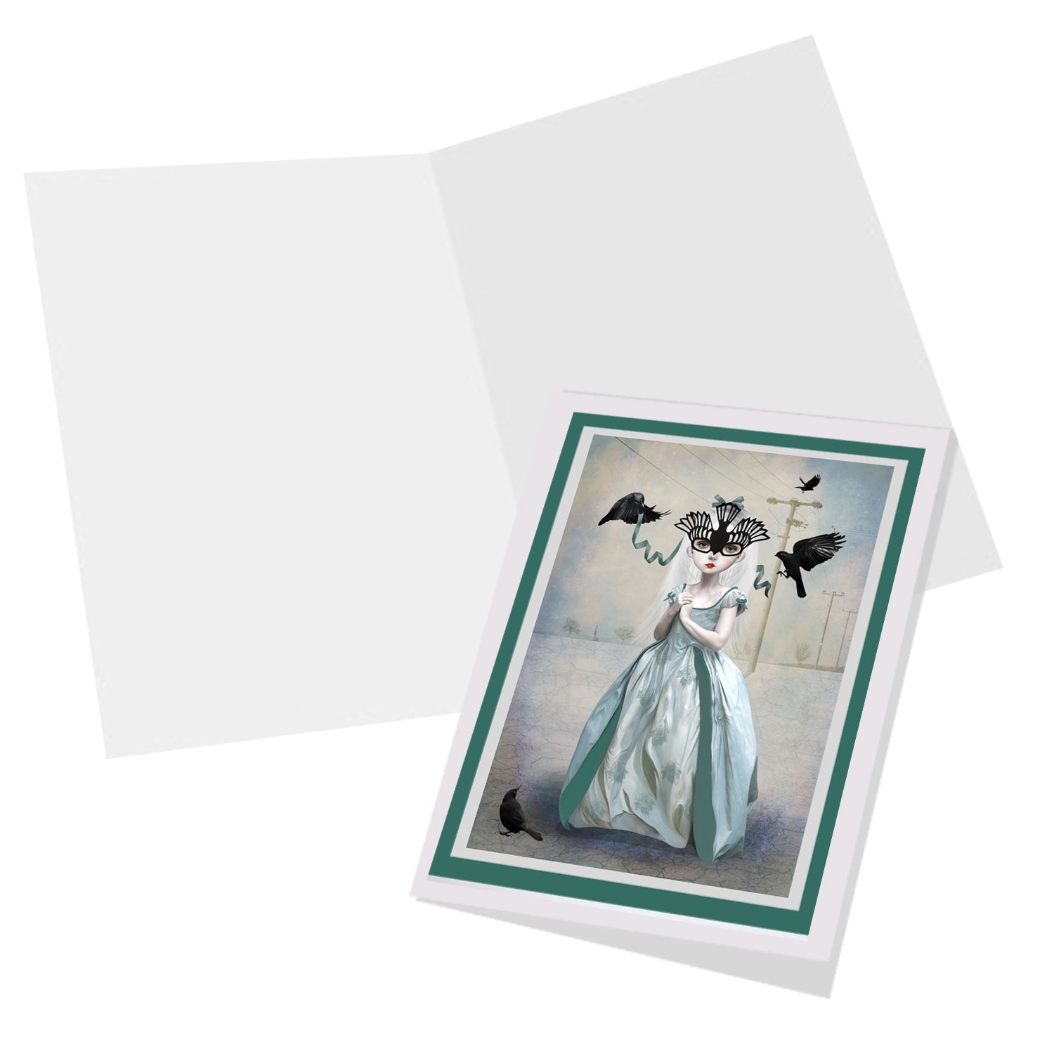 Bird Girl And Blackbirds Art Greeting Card blank inside for your own personal message.