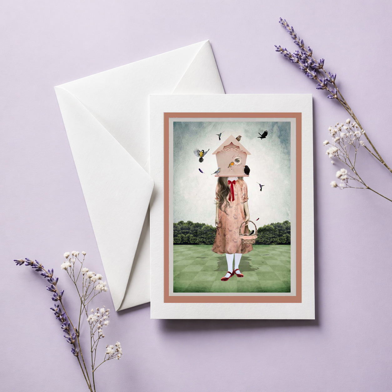 Greeting card with a birdhouse character on a purple background