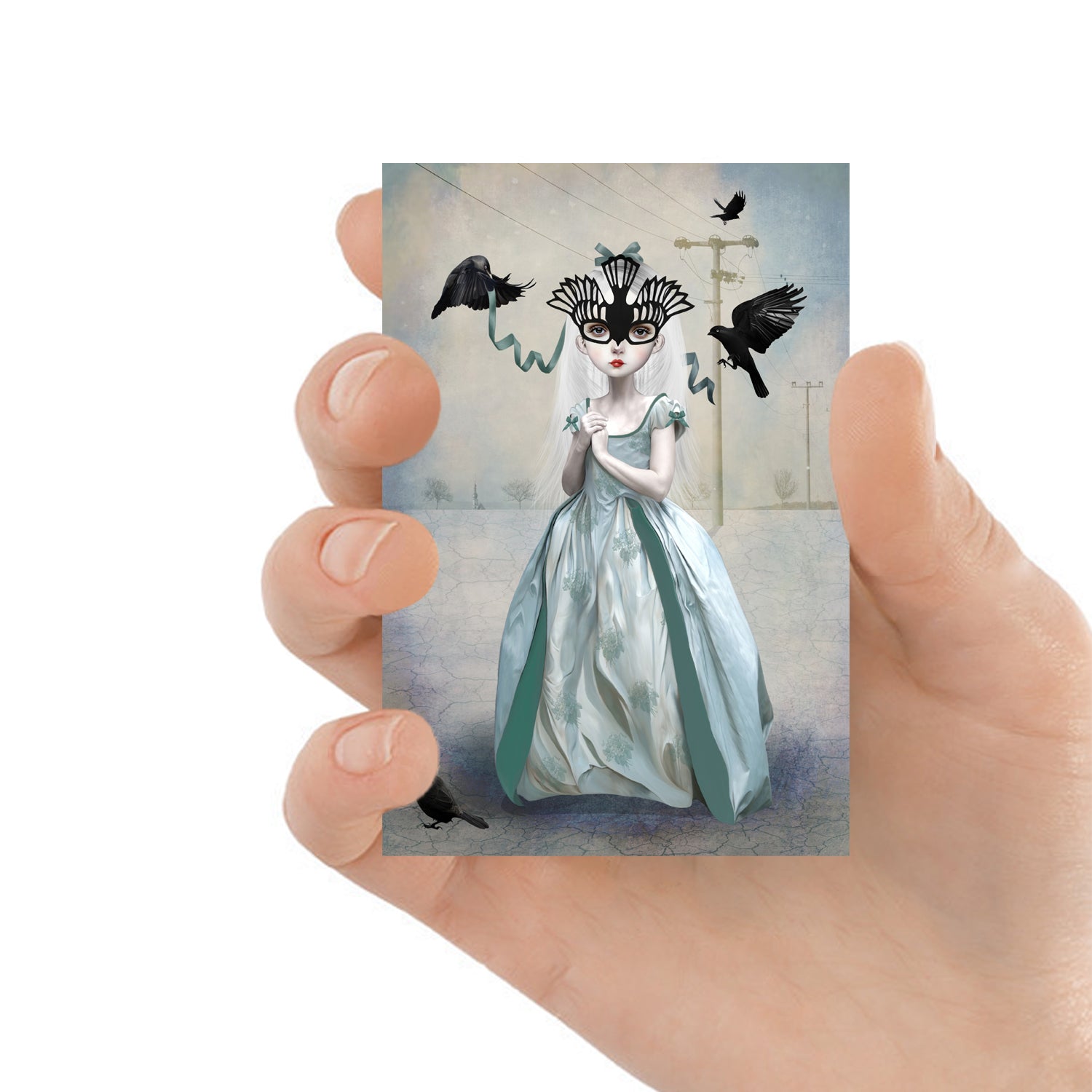 This ACEO artist trading card features a girl in a blackbird mask, searching for a place to belong.&nbsp;
