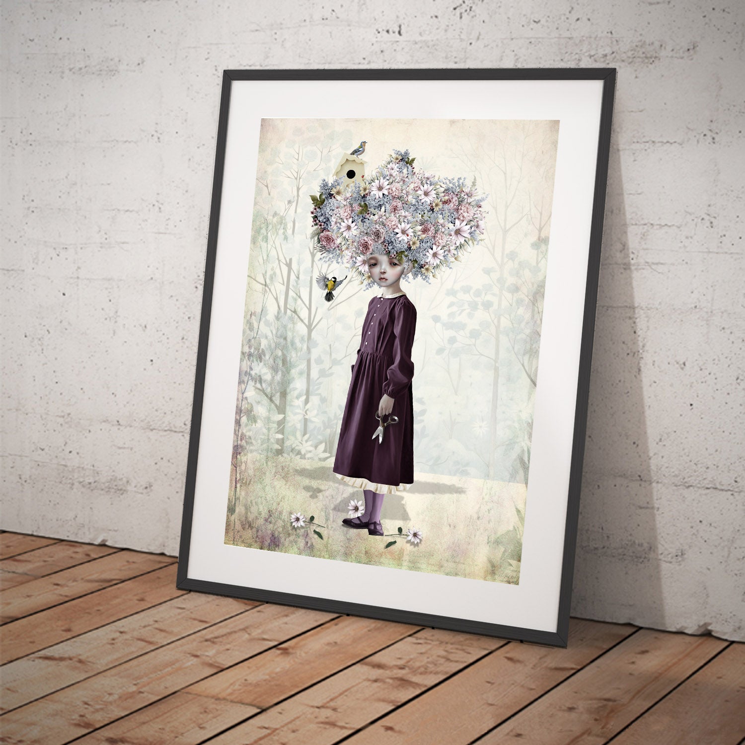 Surreal Flower Girl Art Print. Featuring a girl with a unique hairstyle made of wild flowers - displayed in a black frame.