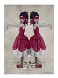 Artistic depiction of a twin sisters in pink dresses with blindfolds, standing on a compass background.