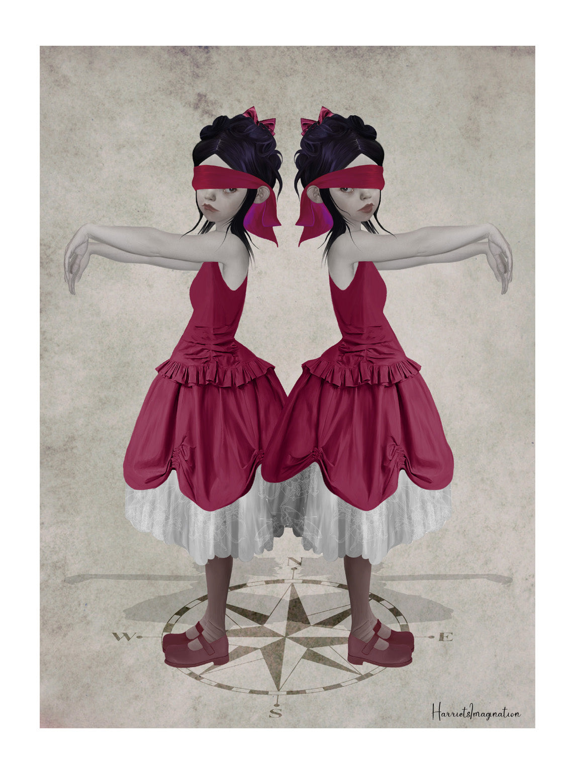 Artistic depiction of a twin sisters in pink dresses with blindfolds, standing on a compass background.