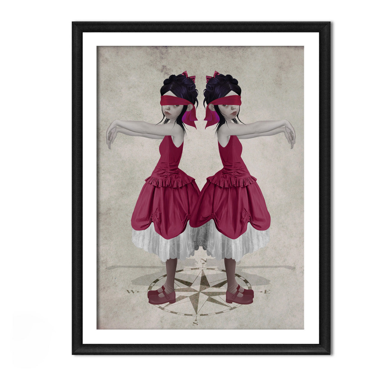 Framed artwork of two identical figures in red dresses and blindfolds on a textured background.