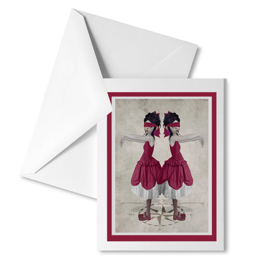 Blindfolded sisters greeting card with matching envelope, perfect for sending a dark, whimsical message.