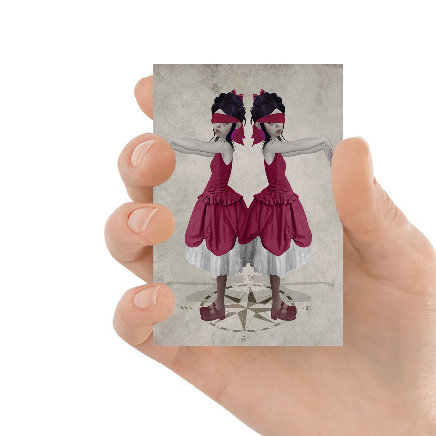 ACEO art card featuring blindfolded twin sisters, held in hand—Mysterious art style with dark, whimsical elements.