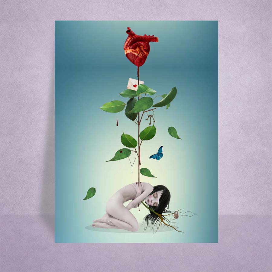 ACEO Card illustration is an anatomical heart growing with a plant from a sad girls spine.