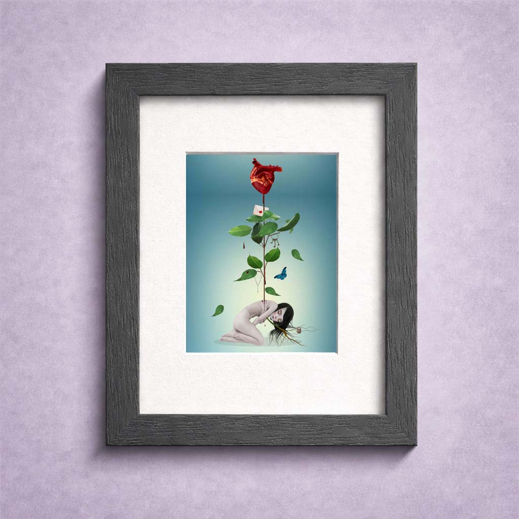 Botanical heart ACEO art card in a small frame.