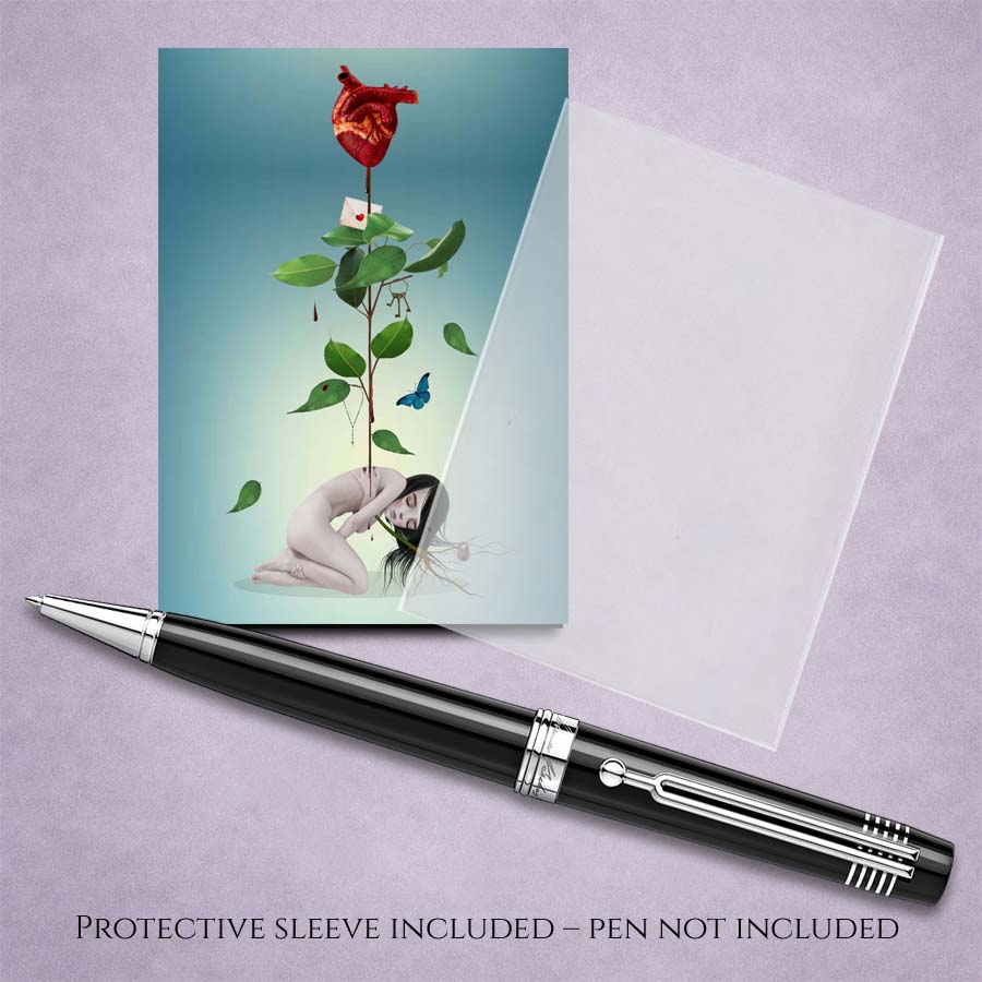 Botanical heart ACEO art card with sleeve and pen for display