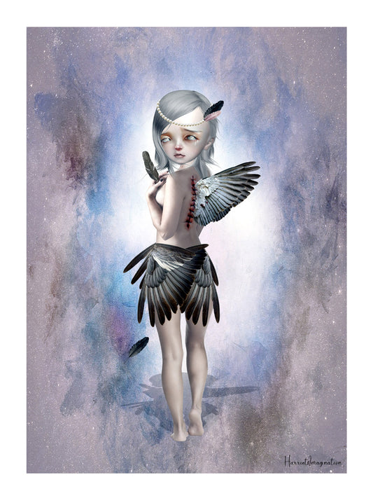 A dark fantasy art print featuring a broken angel, displayed without a frame.